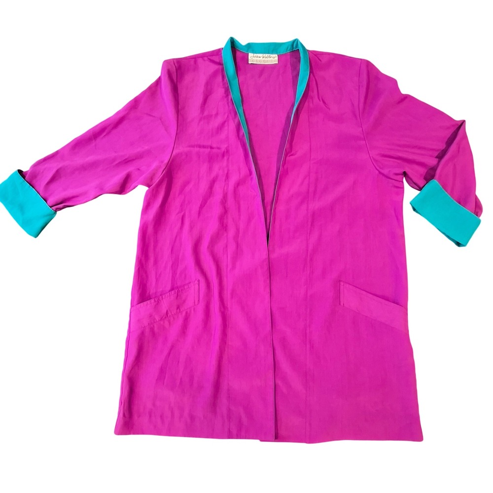 Joan Walters Vintage Magenta Pink Teal Open Front Duster Jacket Blazer L Large